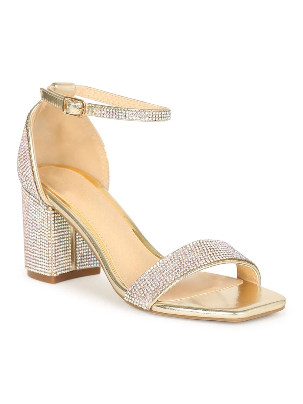 Cathy Din Rose Gold Dazzled Open Toe Ankle Strap Sparkly Strappy Chunky Heels
